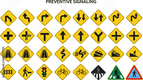 Preventive road signs collection, traffic safety symbols, caution indicators, vector set, isolated background