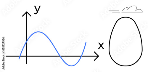Line graph on X-Y axis with wave pattern next to abstract oval shape and cloud. Ideal for data analysis, mathematics, growth, creativity, science, innovation, and abstract thinking. Simple flat