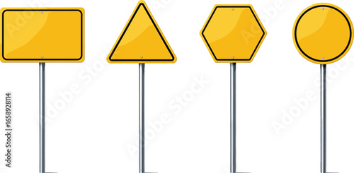 Yellow traffic signs, various shapes, road safety, warning symbols, isolated, grey background