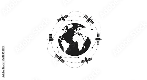 Global Satellite Network:  Abstract Monochrome Icon, Technology Concept,  Futuristic Design.