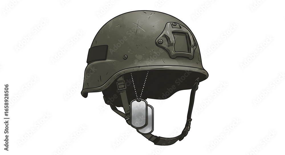 Naklejka premium Military Helmet with Dog Tags: Vintage Style Combat Illustration, Serious Mood, Vector Graphic.