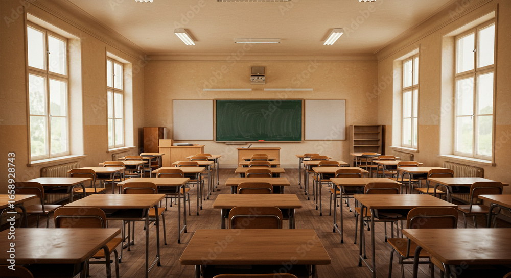 Fototapeta premium Empty classroom with wooden desks and a chalkboard