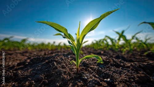 Close-up of a young corn plant emerging from the soil