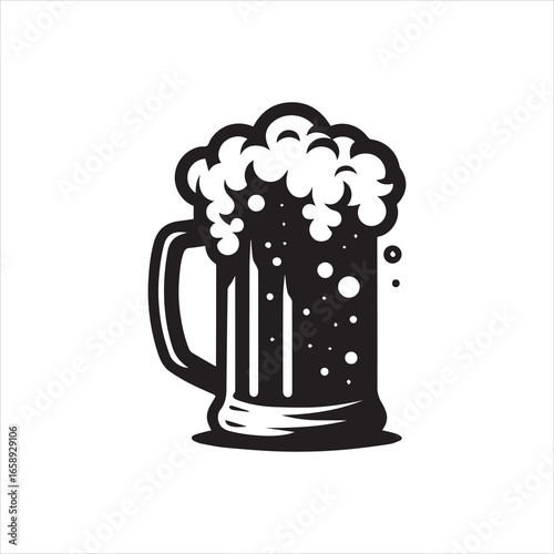 Bold Black and White Beer Mug with Frothy Foam and Bubbles.