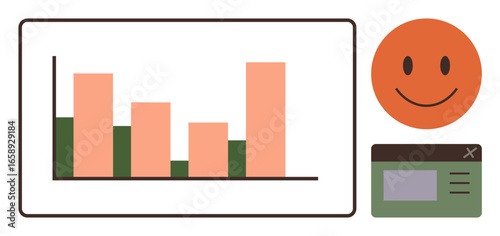 Bar chart displays data comparison, smile icon suggests satisfaction, browser window highlights digital interaction. Ideal for analytics, business, feedback, positivity, success, engagement simple