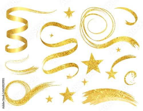 Gold glitter ribbons and stars on white