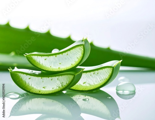 Wallpaper Mural Fresh aloe vera slices on a reflective surface Torontodigital.ca