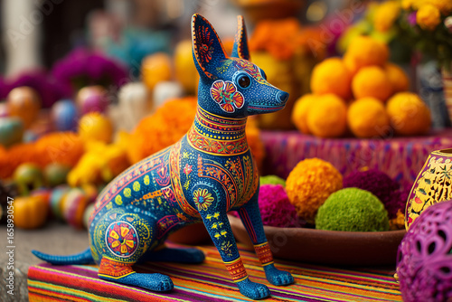 Xoloitzcuintles spirit dog sculpture with intricate patterns sitting on altar surrounded by marigolds for Day of the Dead