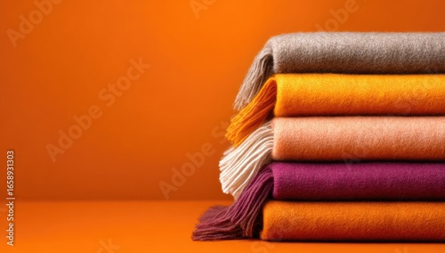 Stacked colorful blankets against an orange backdrop