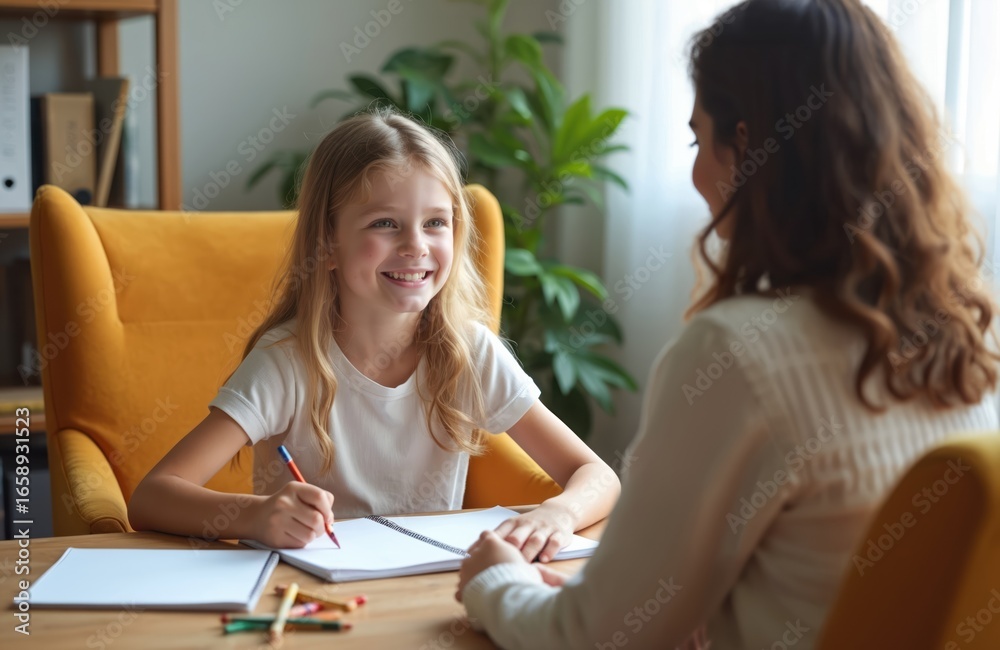 Young girl smiles talking to psychologist during therapy session. Child holds pencil, notebook, receiving emotional support in office. Focus on child mental health, education, and care. Young girl smiles talking to psychologist during therapy session. Child holds pencil, notebook, receiving emotional support in office. Focus on child mental health, education, and care.