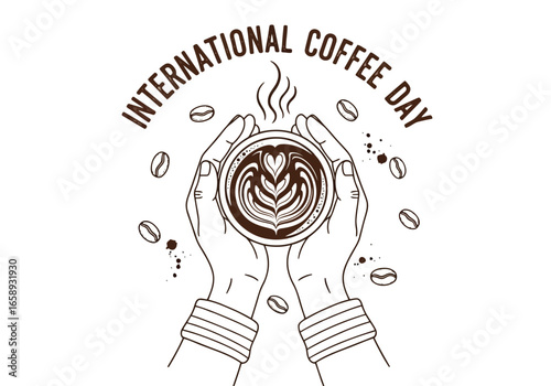 Vector art of international coffee day celebration with hands holding a cup of coffee with latte art