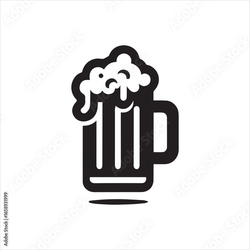 Simple Black and White Beer Mug Icon with Frothy Top.