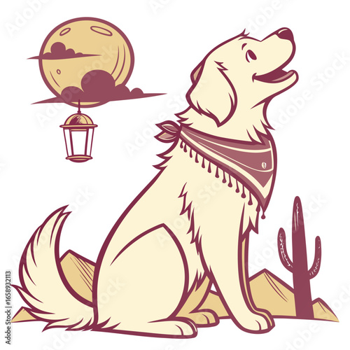 Creative SVG: Joyful Golden Retriever with with a scarf in a Sundown Glow colored Desert sunset theme