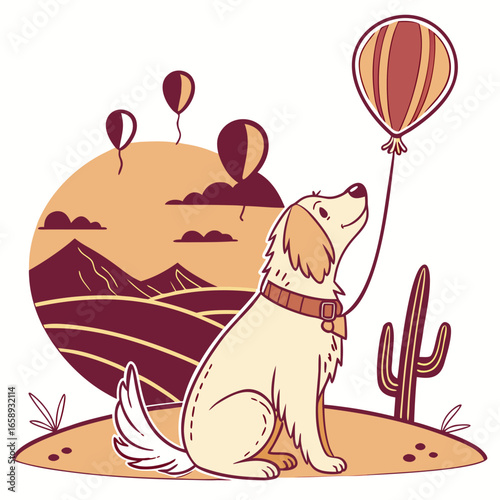 Cute SVG of a Shy Golden Retriever in Sundown Glow colors, featuring with a balloon in a Desert sunset setting