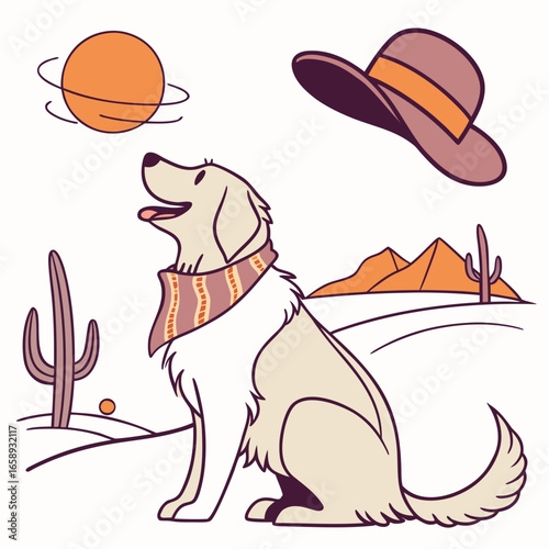 Creative SVG: Joyful Golden Retriever with with a scarf in a Sundown Glow colored Desert sunset theme