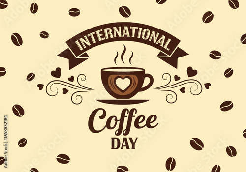 Vector art of international coffee day celebration with a hot cup of coffee, coffee beans, and decorative elements