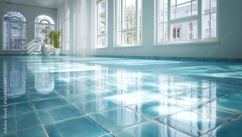 Obraz premium Spacious interior with teal tiles and sunlight
