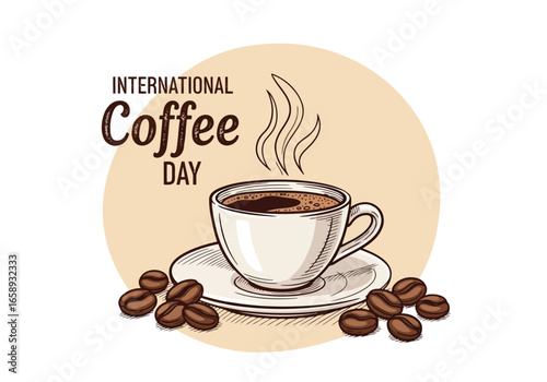 Vector art of international coffee day with a cup of coffee and beans, handdrawn illustration