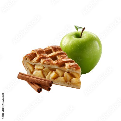 Delicious Slice of Apple Pie with Green Apple and Cinnamon Sticks