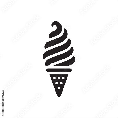 Simple Black and White Swirl Ice Cream Cone Icon.
