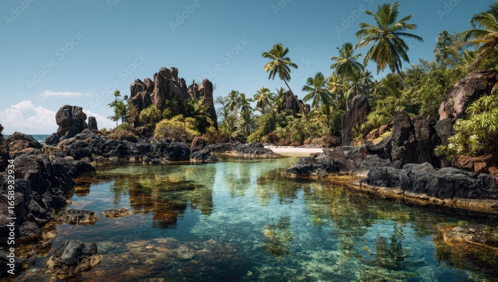 Fototapeta premium Tropical lagoon nestled between volcanic rock formations