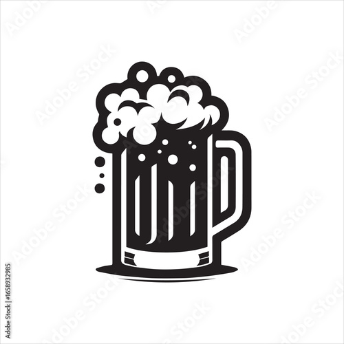 Stylized Black and White Beer Mug with Frothy Foam and Handle.