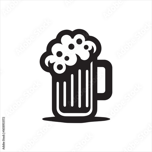 Stylized Black and White Beer Mug with Frothy Head and Shadow.