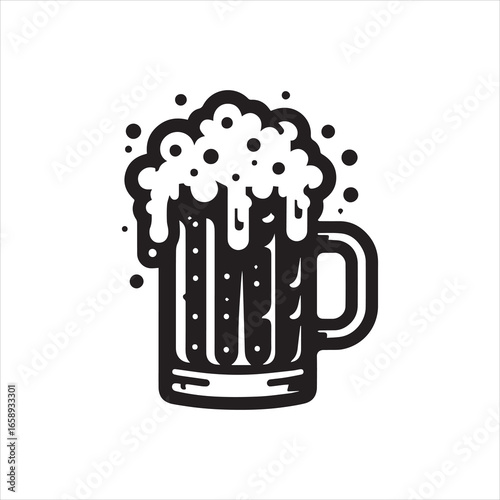 Stylized Black and White Beer Mug with Overflowing Frothy Foam and Bubbles.