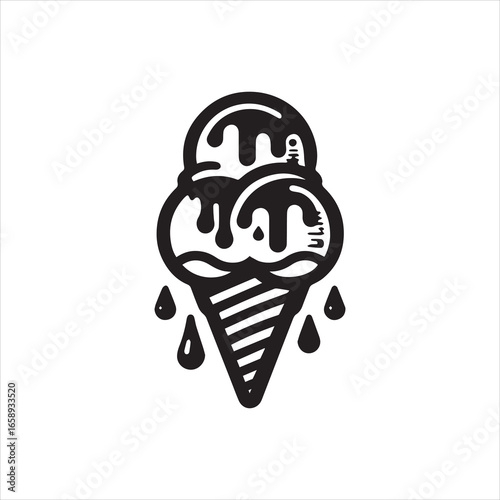 Stylized Black and White Ice Cream Cone Graphic.