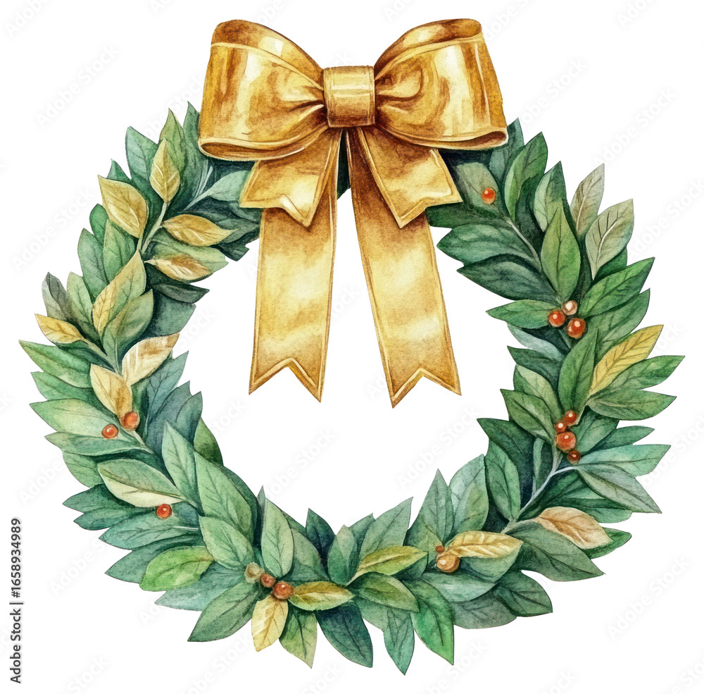 Fototapeta premium PNG Green Christmas wreath gold-ribbon christmas leaves leaf.