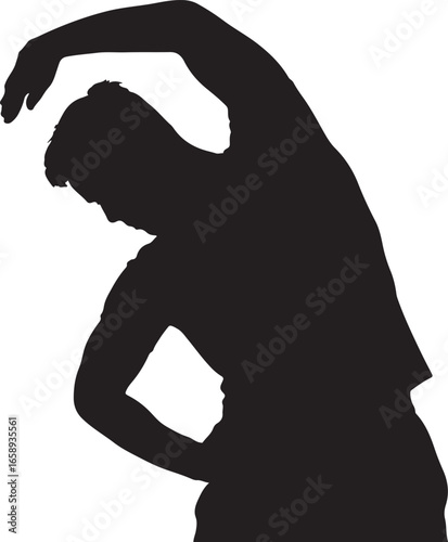 Silhouette of a man stretching his arms and torso to the side exercise fitness