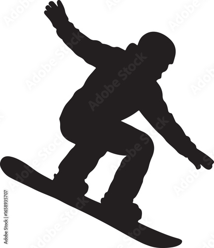 Black silhouette of a snowboarder in mid-air performing a trick snowboarding black and white