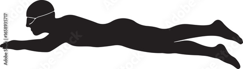 Black silhouette of a swimmer wearing goggles and swimming cap in a dynamic pose white