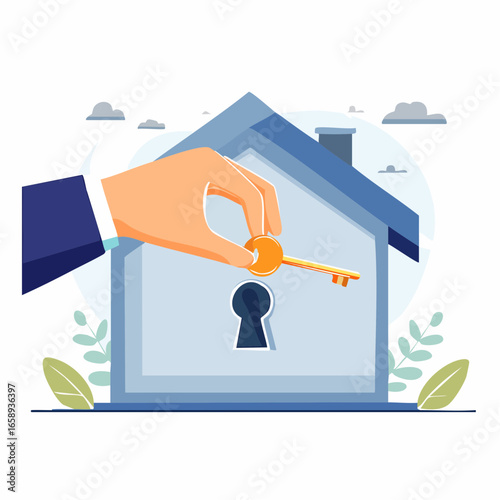Hand Placing Key In House Lock Illustration