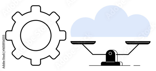 Gear symbolizing mechanization and cloud representing digital solutions on an equilibrium scale. Ideal for technology, innovation, balance, decision-making, contrast, progress, efficiency. Simple