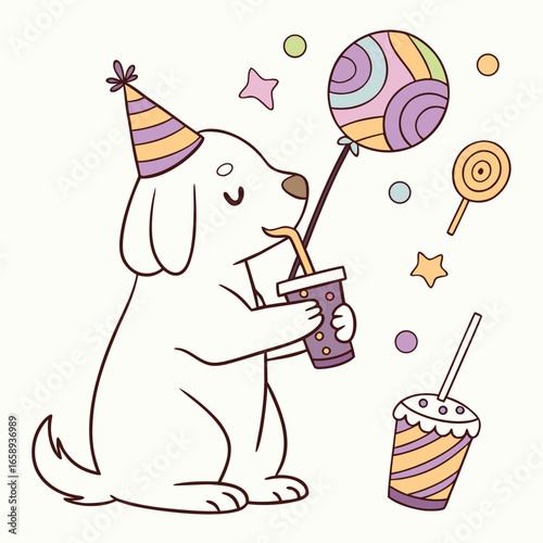 Cute Peaceful Golden Retriever, accessorized with with a bubble tea, in a Birthday world – Candy Shop palette vector