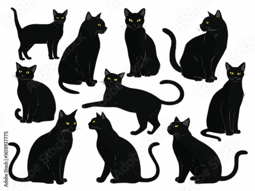 A collection of eleven black cats in various poses with yellow eyes on a white background image art