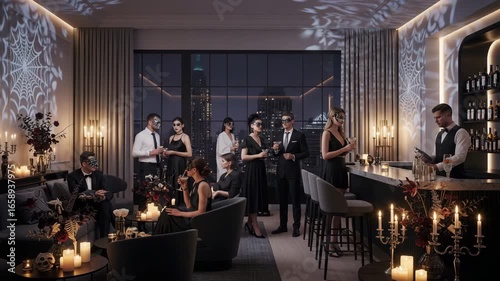 A fancy Halloween party in a bar with cobwebs and candles. People in masks and costumes chat and drink.