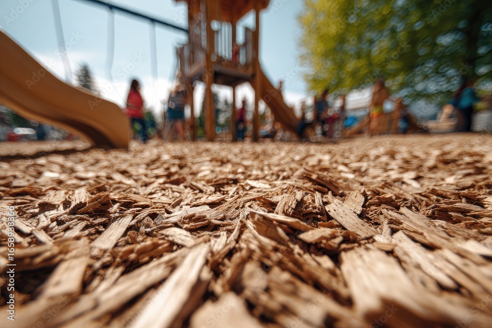 Fototapeta premium Playground woodchip surface, children playing in background