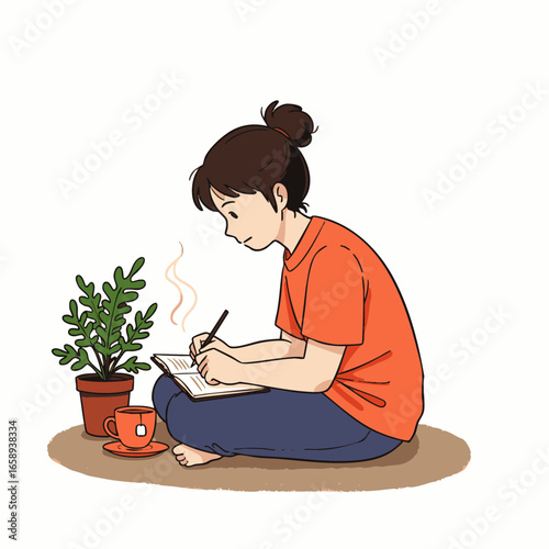 An illustration of a serene individual enjoying a tranquil moment of self-reflection while journaling, surrounded by elements of green living and conscious consumption.