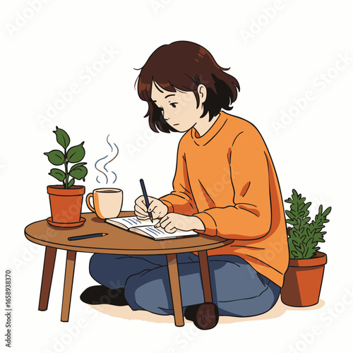 A young woman embraces a moment of calm reflection, journaling her thoughts in a cozy, eco-conscious setting, embodying slow living and mental well-being.