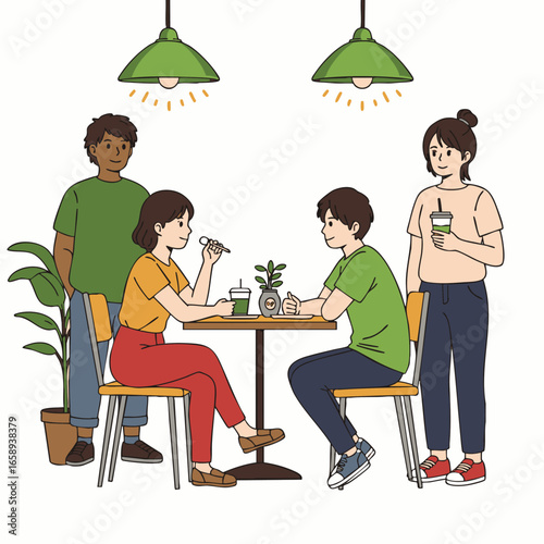 Friends enjoy a serene moment of genuine connection and conscious consumption in a vibrant, eco-friendly cafe promoting mental well-being and slow living.