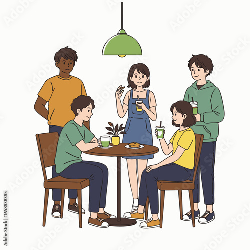 Young diverse friends enjoy mindful conversation and artisanal drinks in a sustainable, naturally lit cafe, fostering genuine connections and shared happiness.