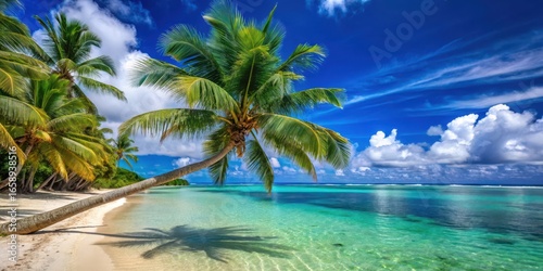 Lush tropical palm tree bends over a serene beach with crystal clear turquoise waters in Rarotonga's stunning coastline