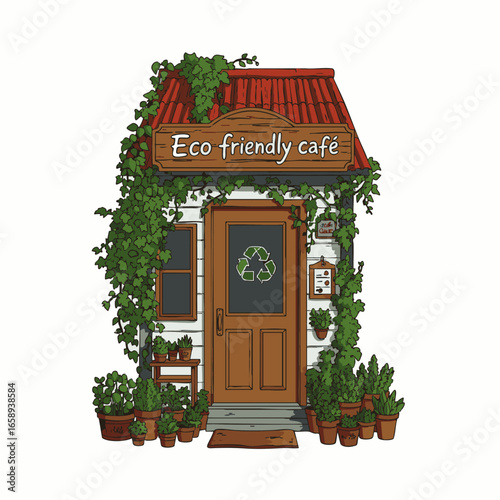 An inviting illustration of a charming eco-friendly cafe, promoting sustainable living, quiet moments, and conscious consumption in a serene environment.