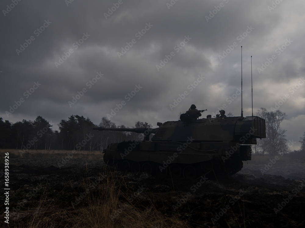 Fototapeta premium Military tank positioned in field with overcast atmospheric conditions