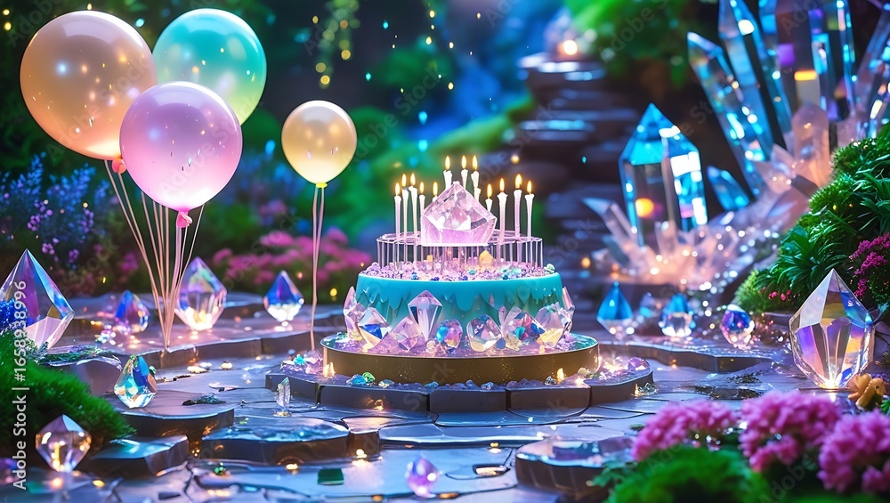 Fototapeta premium Magical crystal birthday cake with glowing balloons and enchanted forest background, perfect celebration scene