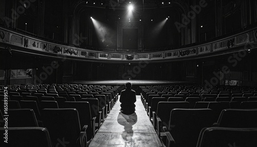 A solitary figure in black-and-white theatre, empty audience around.