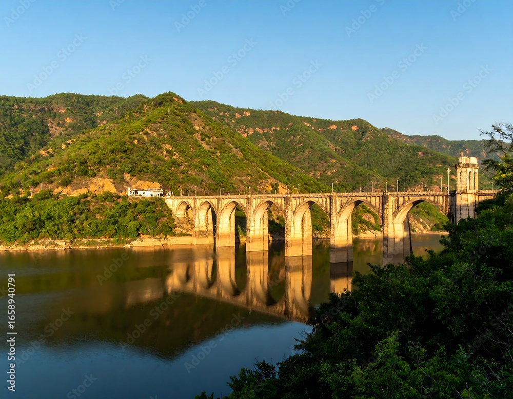 Fototapeta premium Majestic bridge over a calm river, surrounded by hills