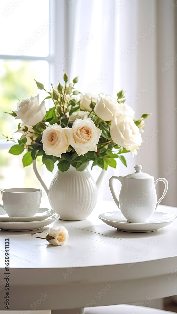 Fototapeta premium Delicate white roses in a vase, by a window